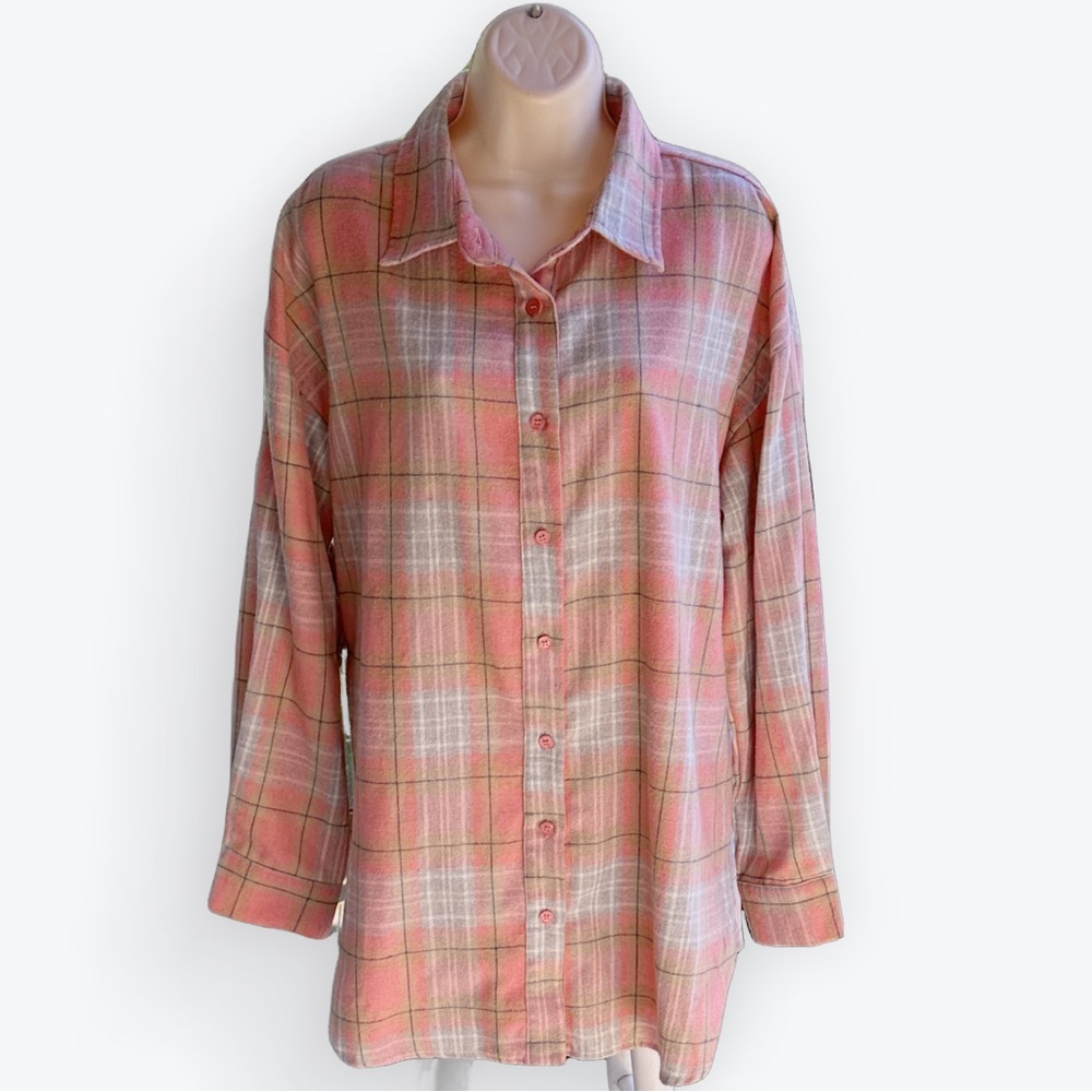 Easel Oversized Feminine Coral Flannel Plaid Chore Workwear Button Up Shirt ~ M